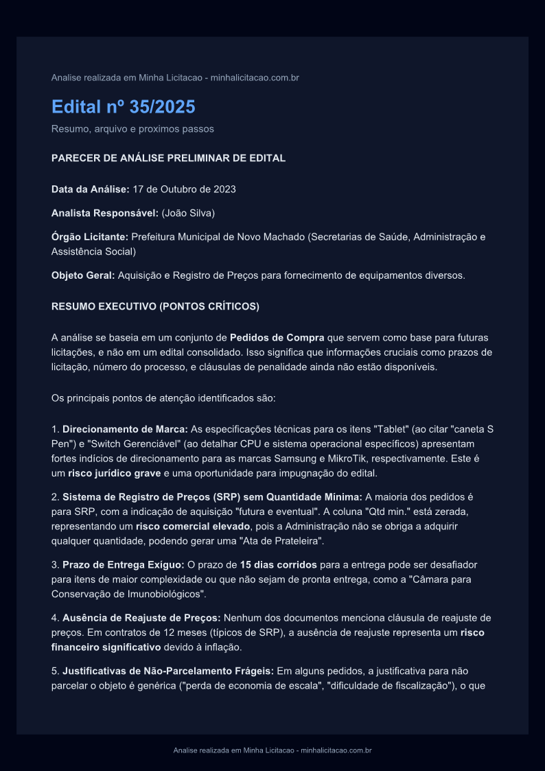 Tela da análise de edital com resumo e pontos críticos