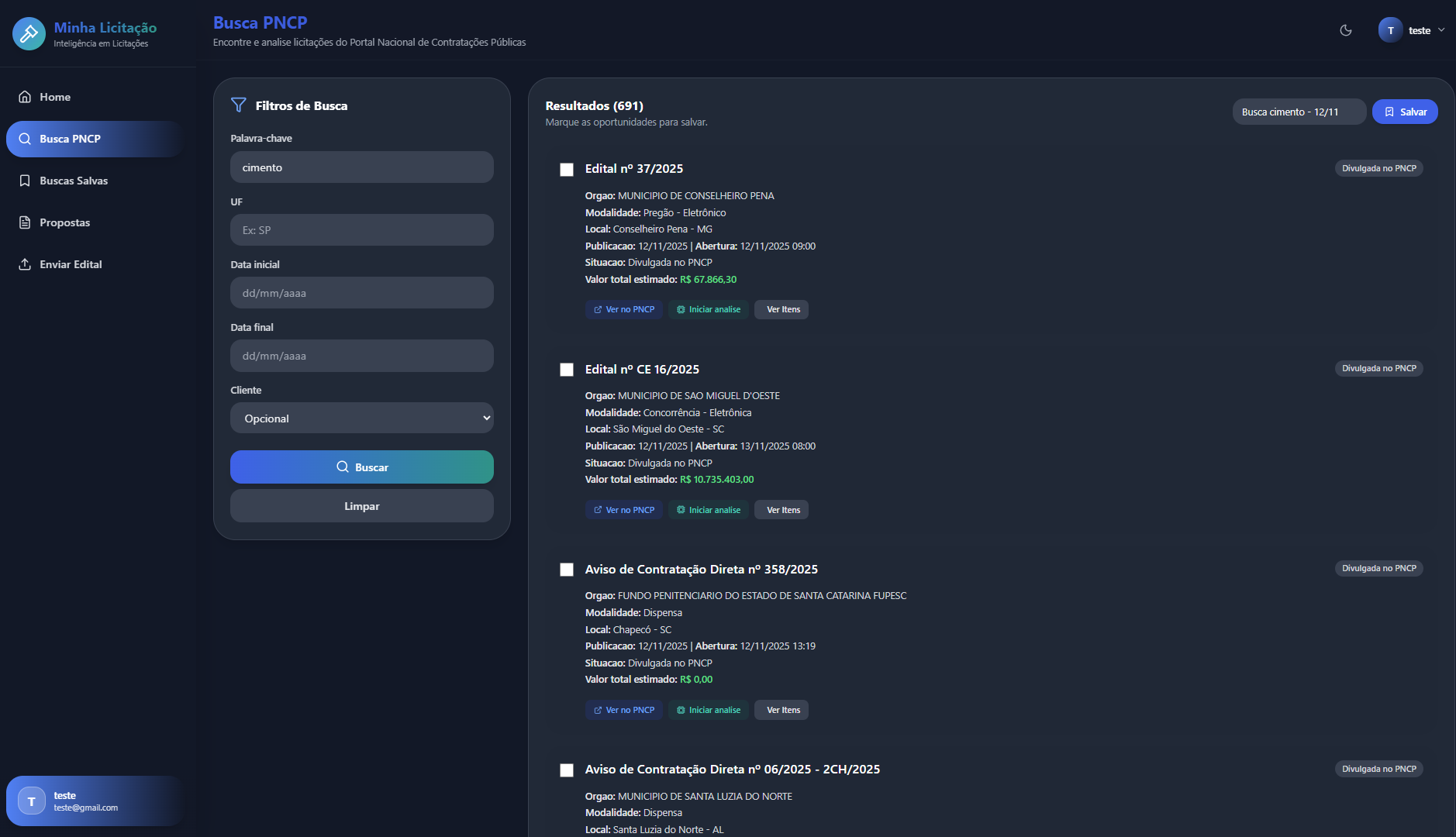 Tela de busca no PNCP com filtros e resultados salvos