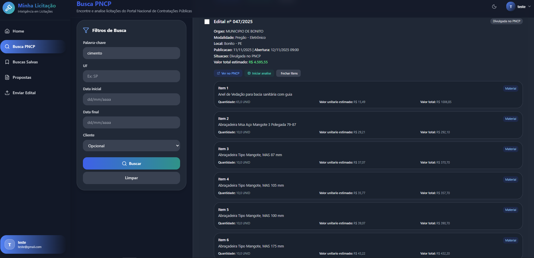 Tela de itens detalhados do edital com valores unitários e totais